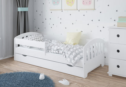 Lit enfant 80x160 | 80x180 | 90x200 cm avec matelas (en option), tiroir, protection antichute et sommier à lattes en 5 couleurs