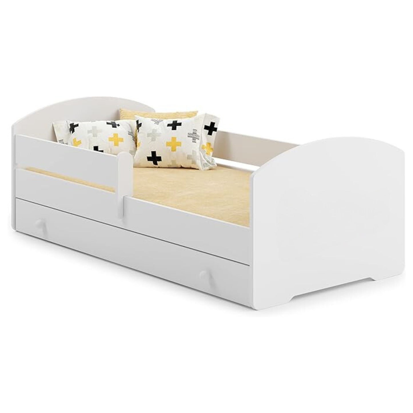 Lit enfant 70x140 | 80x160 cm avec matelas et tiroir, protection antichute &amp; sommier à lattes en blanc et avec motifs (pompiers, police, princesse, dinosaure...) pour garçons et filles