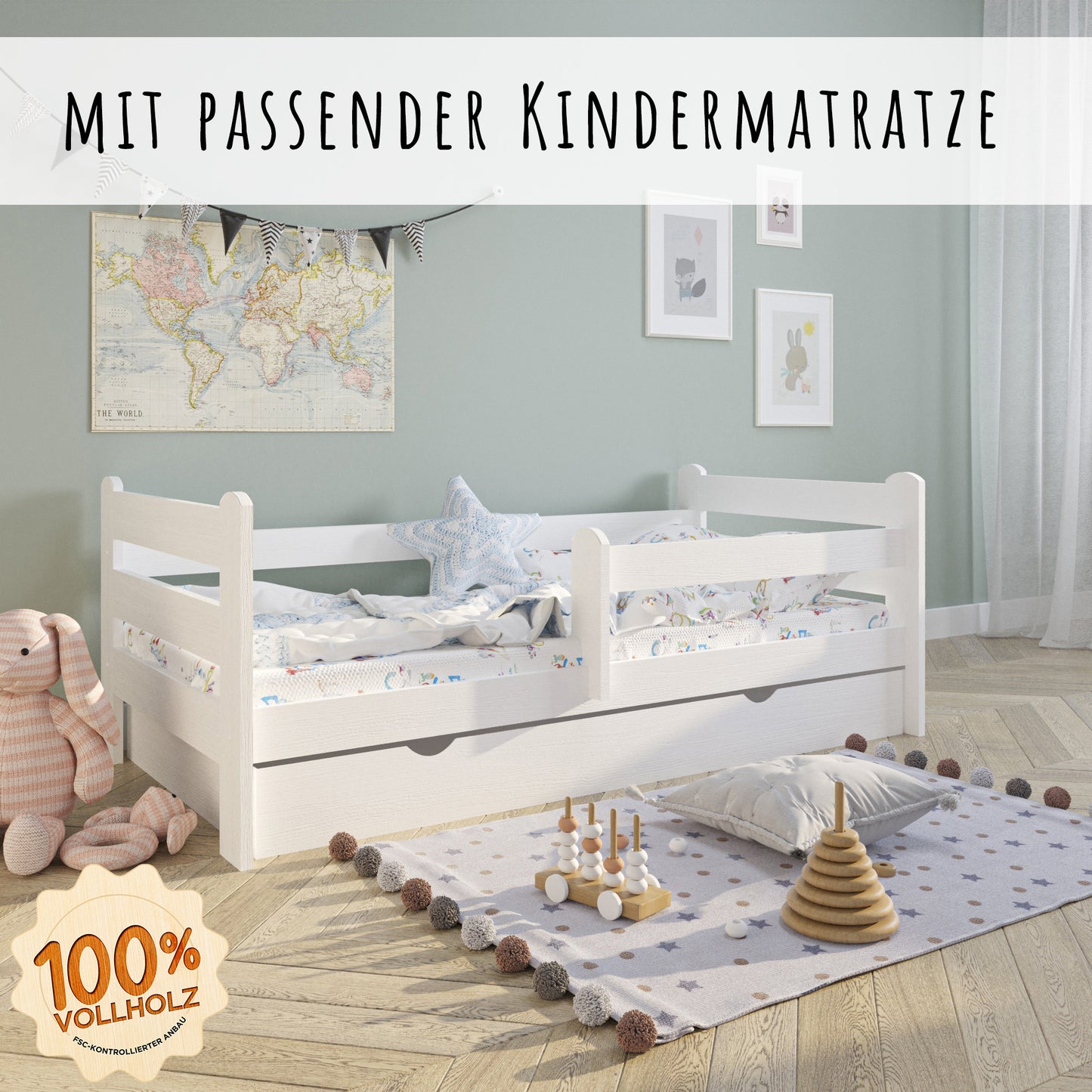 Lit enfant lit jeune 80x160 | 90x200 cm avec protection antichute | Bois massif avec matelas (en option) sommier à lattes &amp; tiroir en pin blanc | Lit fille garçon scandinave