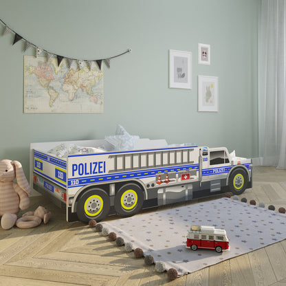 Lit voiture lit enfant lit jeune 70x140 | 80x160 cm avec protection antichute et matelas (en option) | Lit de jeu pour enfants, voiture de police, policier