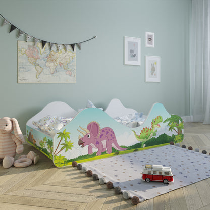 Kinderbett Jugendbett 80x160 mit Rausfallschutz | Dinosaurier Kinder Spielbett mit Lattenrost, mit Matratze (optional)