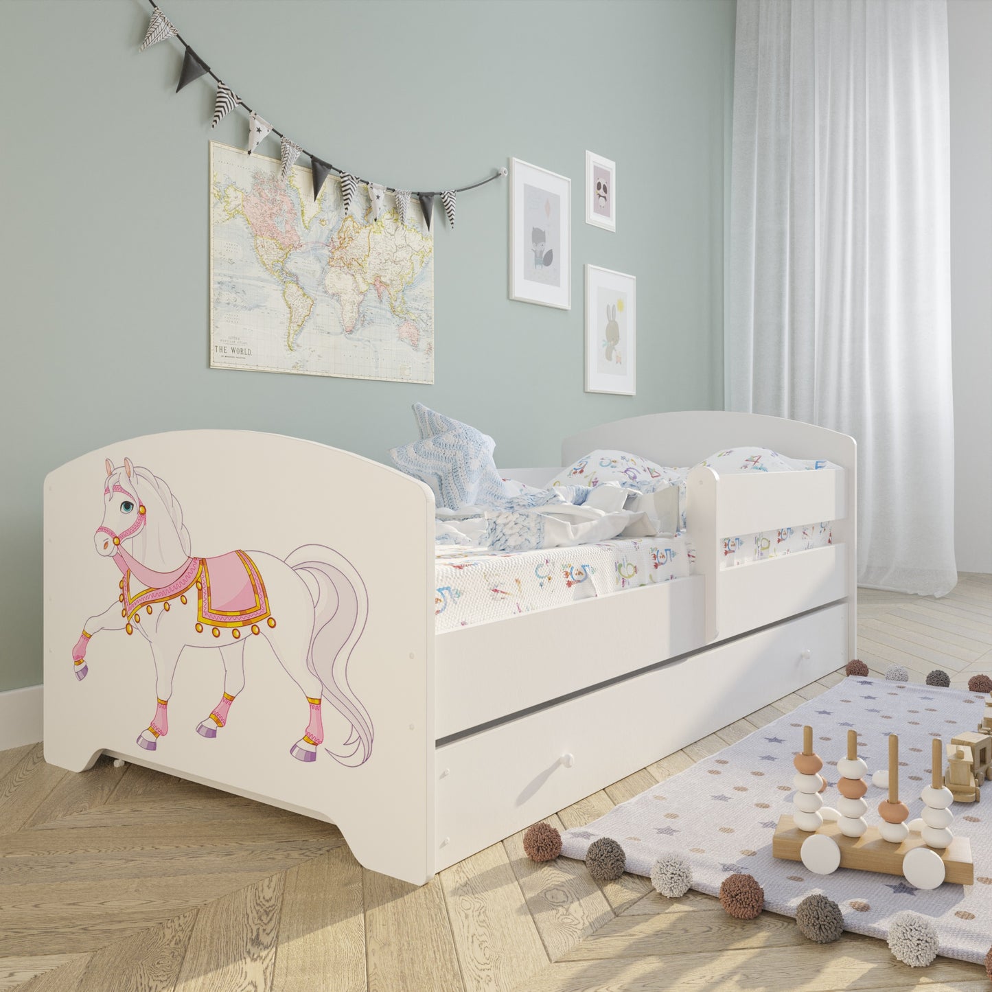 Lit enfant 70x140 | 80x160 cm avec matelas et tiroir, protection antichute &amp; sommier à lattes en blanc et avec motifs (pompiers, police, princesse, dinosaure...) pour garçons et filles