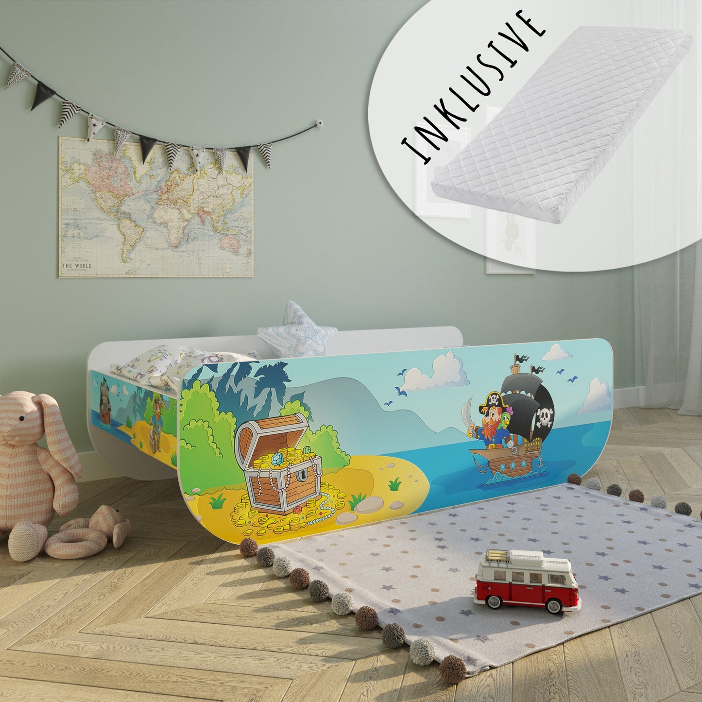 Kinderbett Jugendbett 80x160 mit Rausfallschutz | Piraten Kinder Spielbett mit Lattenrost, mit Matratze (optional)