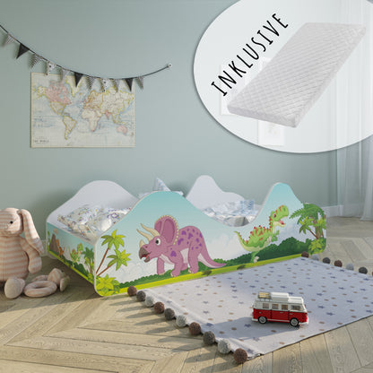 Lit enfant lit jeune 80x160 avec protection antichute | Lit ludique pour enfants dinosaure avec sommier à lattes, avec matelas (en option)