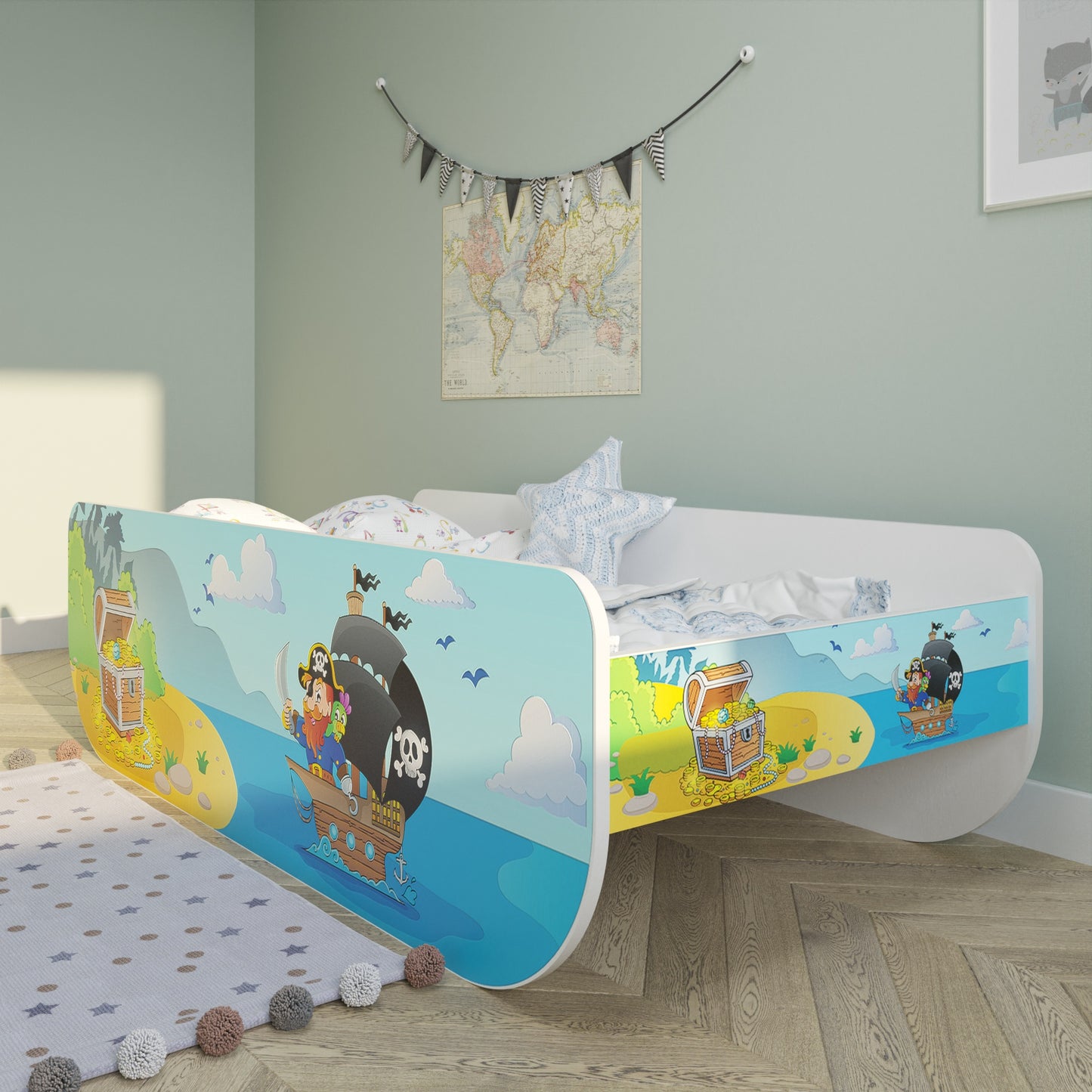 Kinderbett Jugendbett 80x160 mit Rausfallschutz | Piraten Kinder Spielbett mit Lattenrost, mit Matratze (optional)