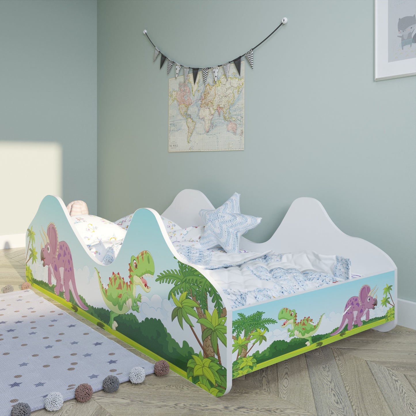 Lit enfant lit jeune 80x160 avec protection antichute | Lit ludique pour enfants dinosaure avec sommier à lattes, avec matelas (en option)