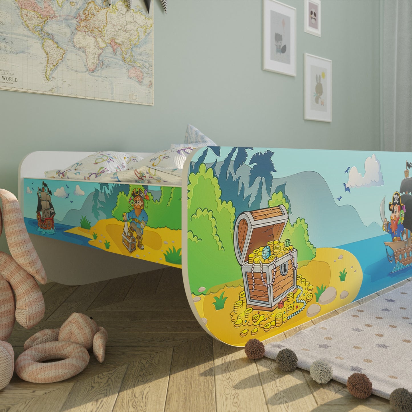 Lit enfant lit jeune 80x160 avec protection antichute | Lit ludique pour enfants Pirate avec sommier à lattes, avec matelas (en option)