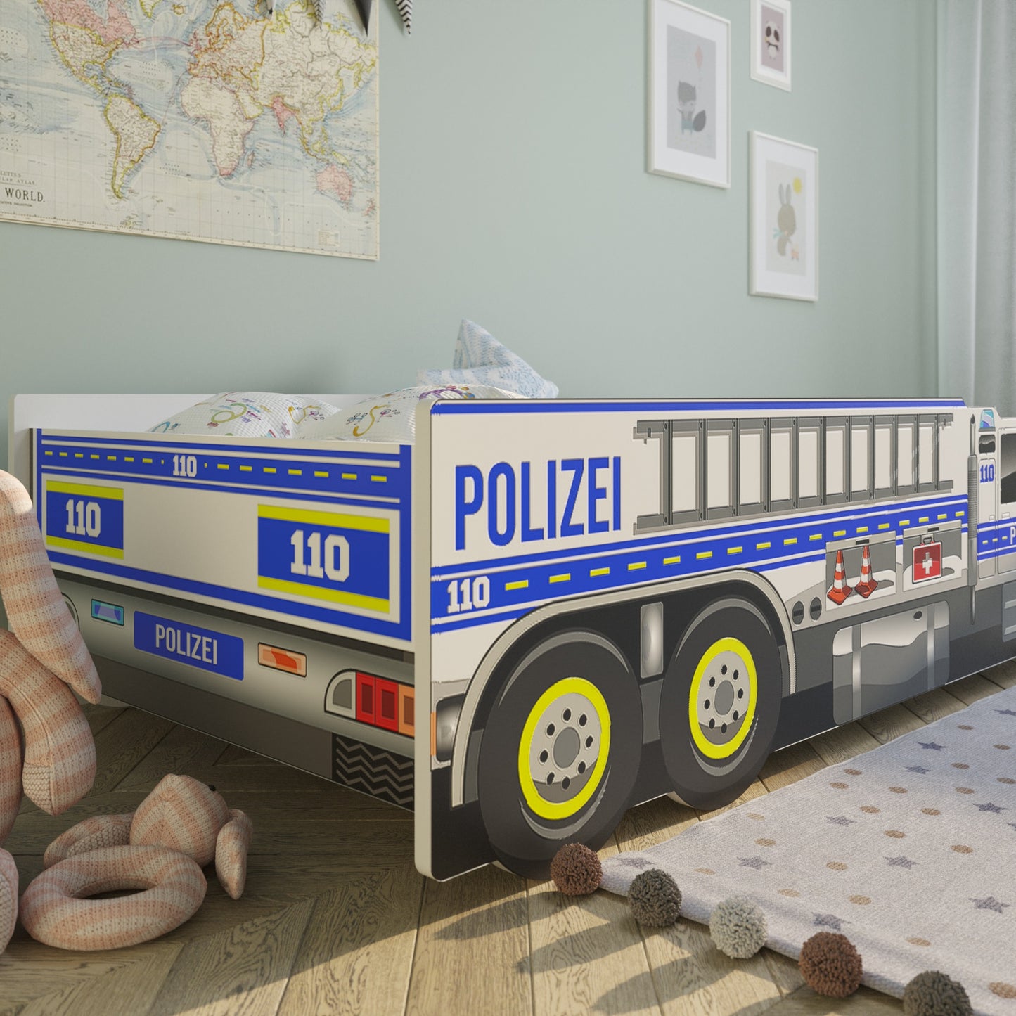 Autobett Kinderbett Jugendbett 70x140 | 80x160 cm mit Rausfallschutz und Matratze (optional) | Polizei Polizeiauto Polizist Kinder Spielbett