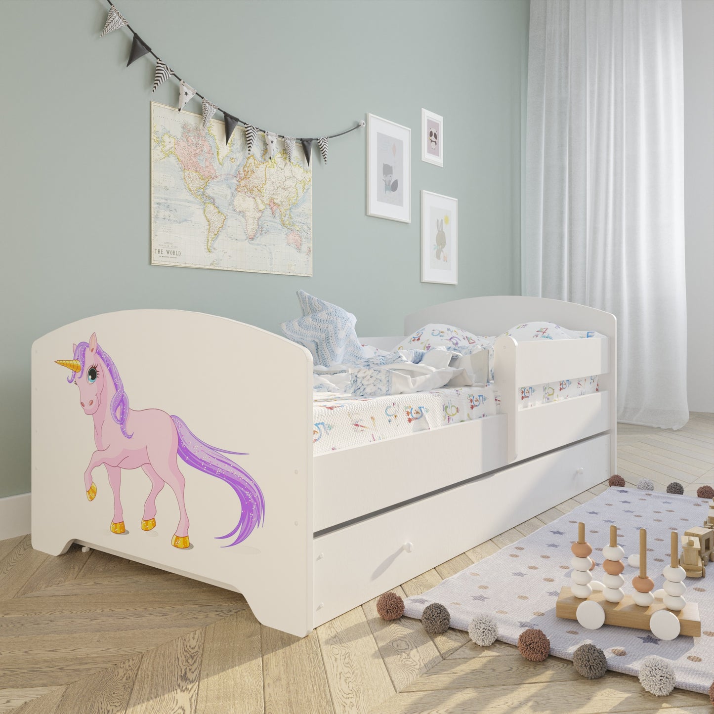 Lit enfant 70x140 | 80x160 cm avec matelas et tiroir, protection antichute &amp; sommier à lattes en blanc et avec motifs (pompiers, police, princesse, dinosaure...) pour garçons et filles