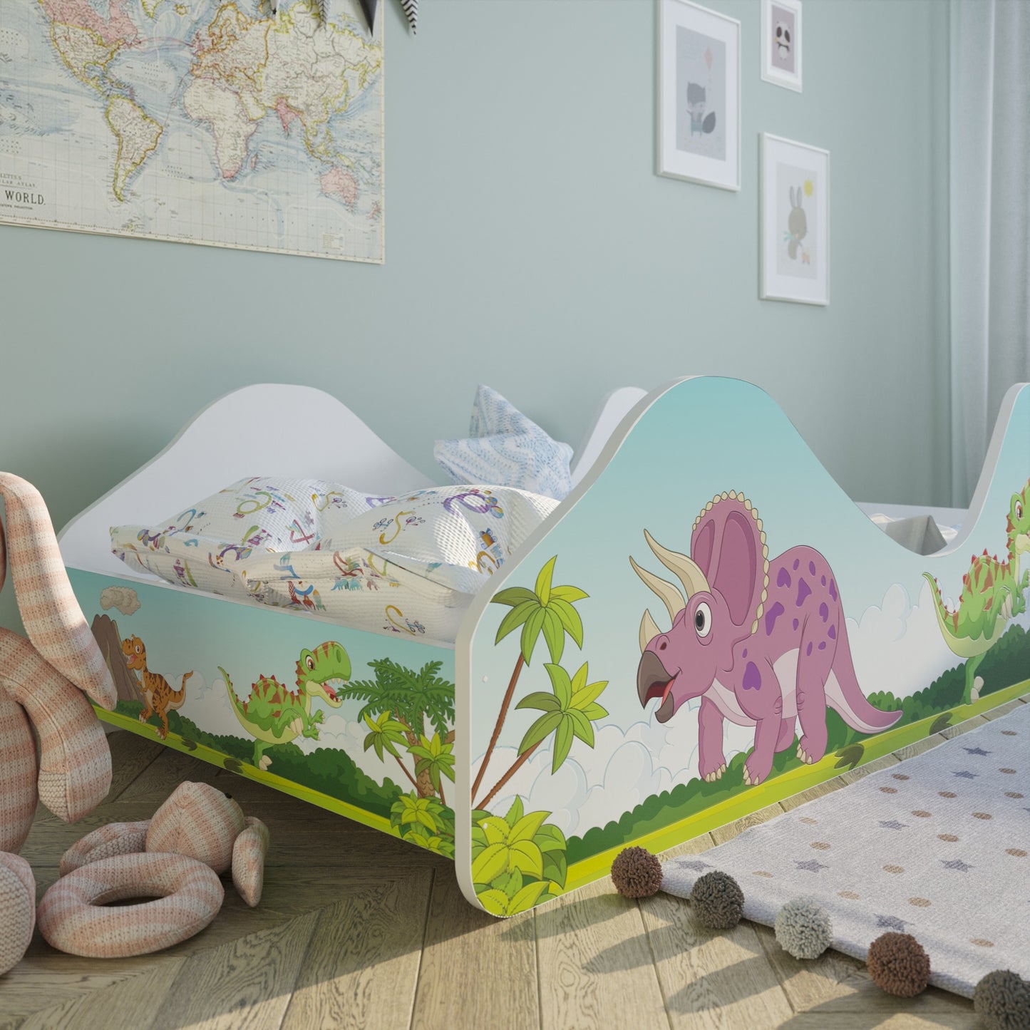 Kinderbett Jugendbett 80x160 mit Rausfallschutz | Dinosaurier Kinder Spielbett mit Lattenrost, mit Matratze (optional)