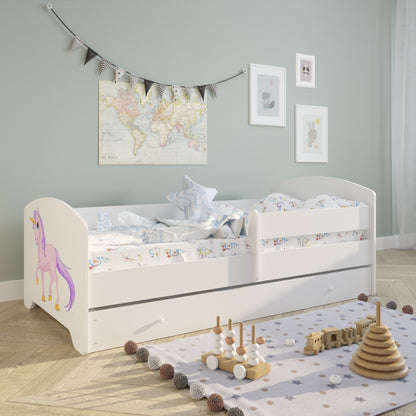 Lit enfant 70x140 | 80x160 cm avec matelas et tiroir, protection antichute &amp; sommier à lattes en blanc et avec motifs (pompiers, police, princesse, dinosaure...) pour garçons et filles