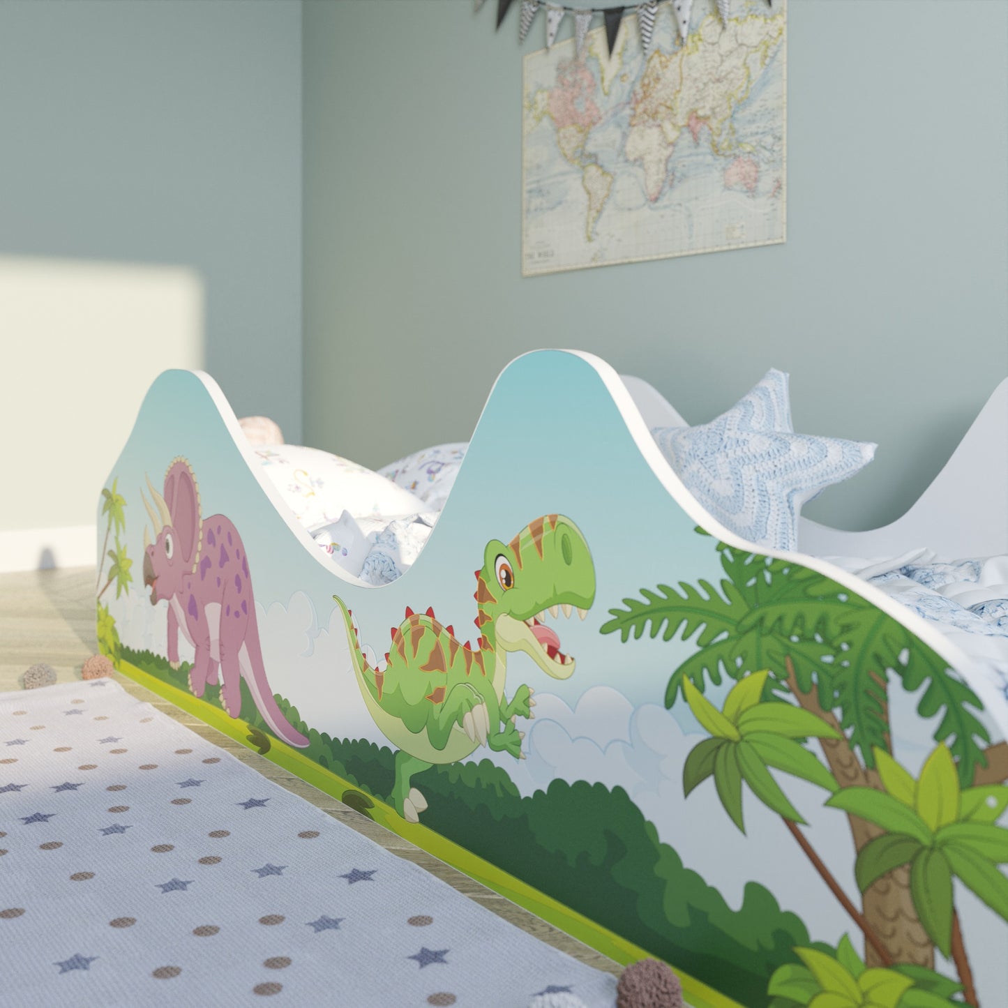 Kinderbett Jugendbett 80x160 mit Rausfallschutz | Dinosaurier Kinder Spielbett mit Lattenrost, mit Matratze (optional)