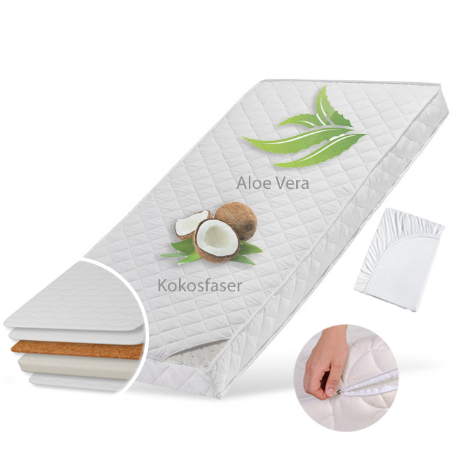 Matelas enfant 60x120 | 70x140 | 80x160 | 80x180 | 90x200 cm COCONUT avec housse matelassée à l'aloe vera et drap-housse (en option), 10 cm de hauteur, matelas bébé matelas enfant matelas coco pour lit bébé ou lit enfant, poids corporel jusqu'à 60 kg