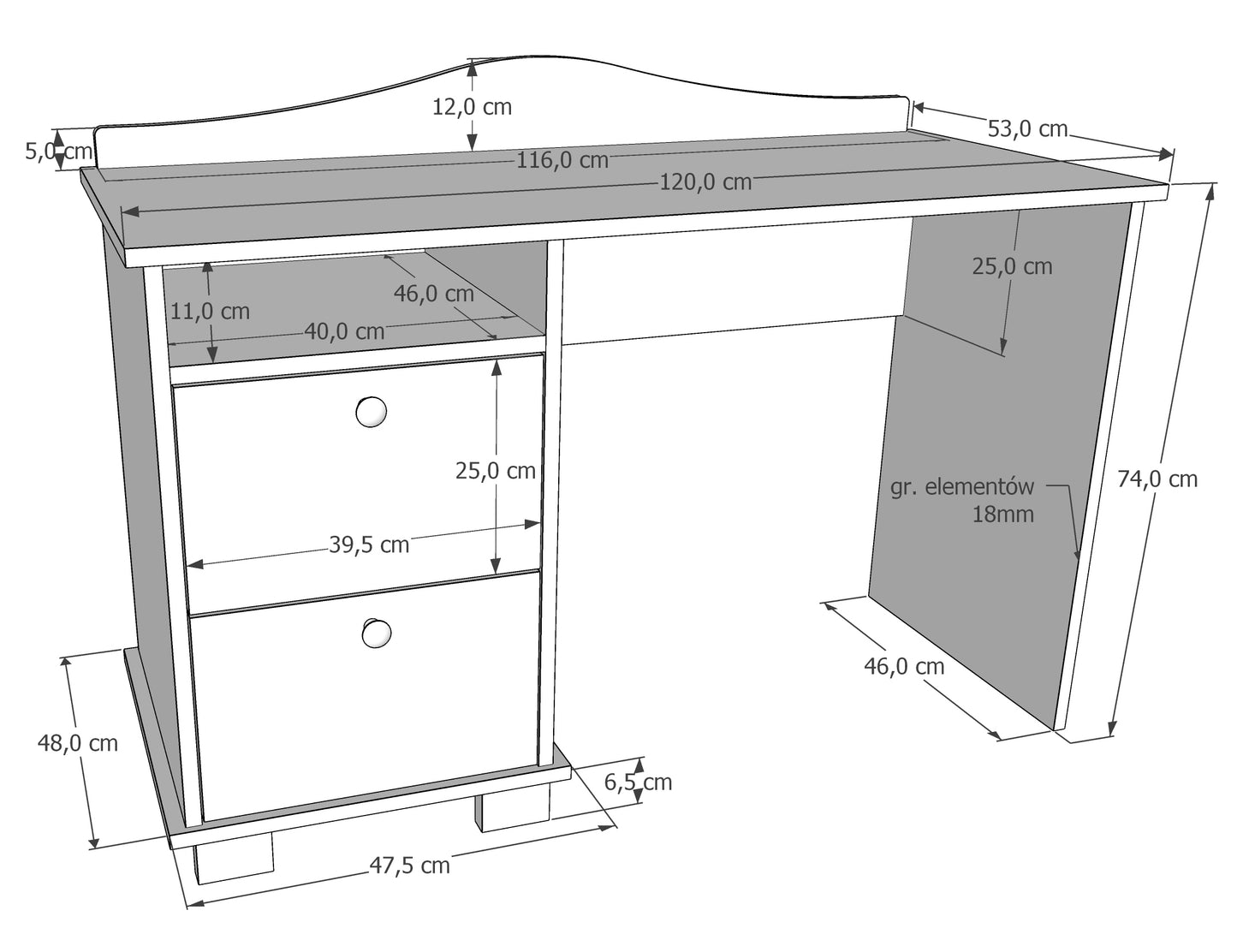 Bureau, bureau pour enfants avec hauteur de travail de 74 cm et deux tiroirs et compartiment de rangement en blanc, rose ou bleu Fabriqué en Europe