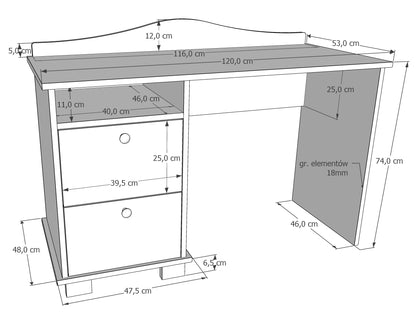 Bureau, bureau pour enfants avec hauteur de travail de 74 cm et deux tiroirs et compartiment de rangement en blanc, rose ou bleu Fabriqué en Europe