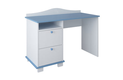 Bureau, bureau pour enfants avec hauteur de travail de 74 cm et deux tiroirs et compartiment de rangement en blanc, rose ou bleu Fabriqué en Europe