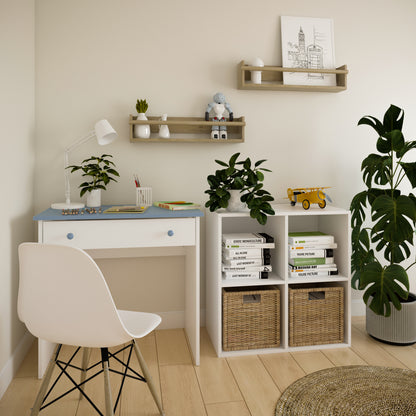 Bureau, bureau pour enfants d'une hauteur de travail de 79 cm et d'un tiroir en blanc, bleu, rose ou naturel Fabriqué en Europe