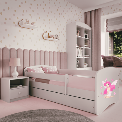 Lit enfant 80x160 | 180x80 cm avec matelas (en option), protection antichute, sommier à lattes et tiroir en blanc avec lit pour fille à motif licorne, cheval, pompiers ou fée