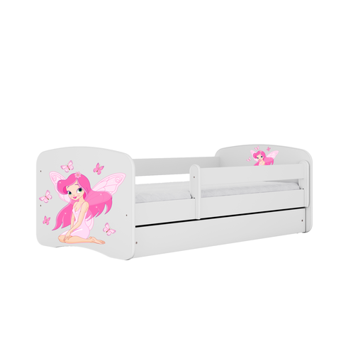 Lit enfant 80x160 | 180x80 cm avec matelas (en option), protection antichute, sommier à lattes et tiroir en blanc avec lit pour fille à motif licorne, cheval, pompiers ou fée