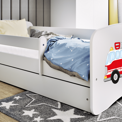 Kinderbett 80x160 | 180x80 cm mit Matratze (optional), Rausfallschutz, Lattenrost & Schublade in weiß mit Einhorn, Pferd, Feuerwehr oder Fee Motiv Mädchen Bett