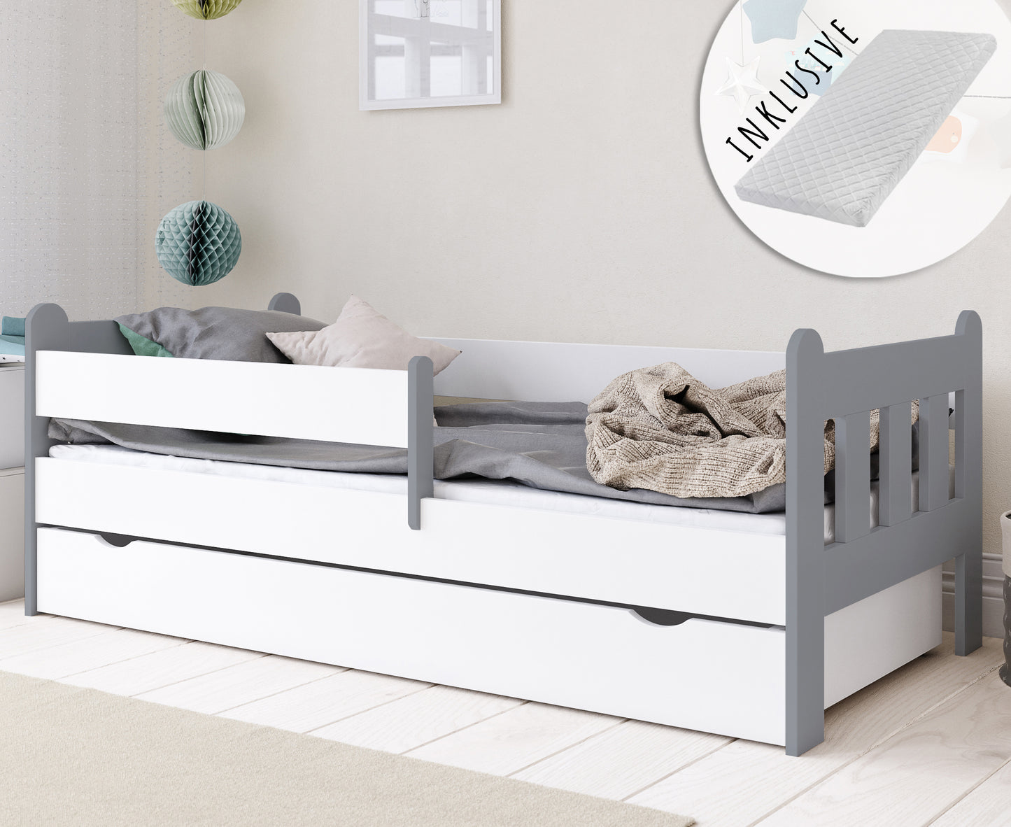 Lit enfant 90x200 | 80x180 | 80x160 cm avec matelas (en option), tiroir, protection antichute et sommier à lattes dans lit garçon fille blanc