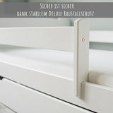 Kinderbett Jugendbett 80x160 und 90x200 cm mit Rausfallschutz | Voll-Holz mit Matratze (optional) Lattenrost & Schublade in weiß Kiefer | Mädchen Jungen Bett skandinavisch