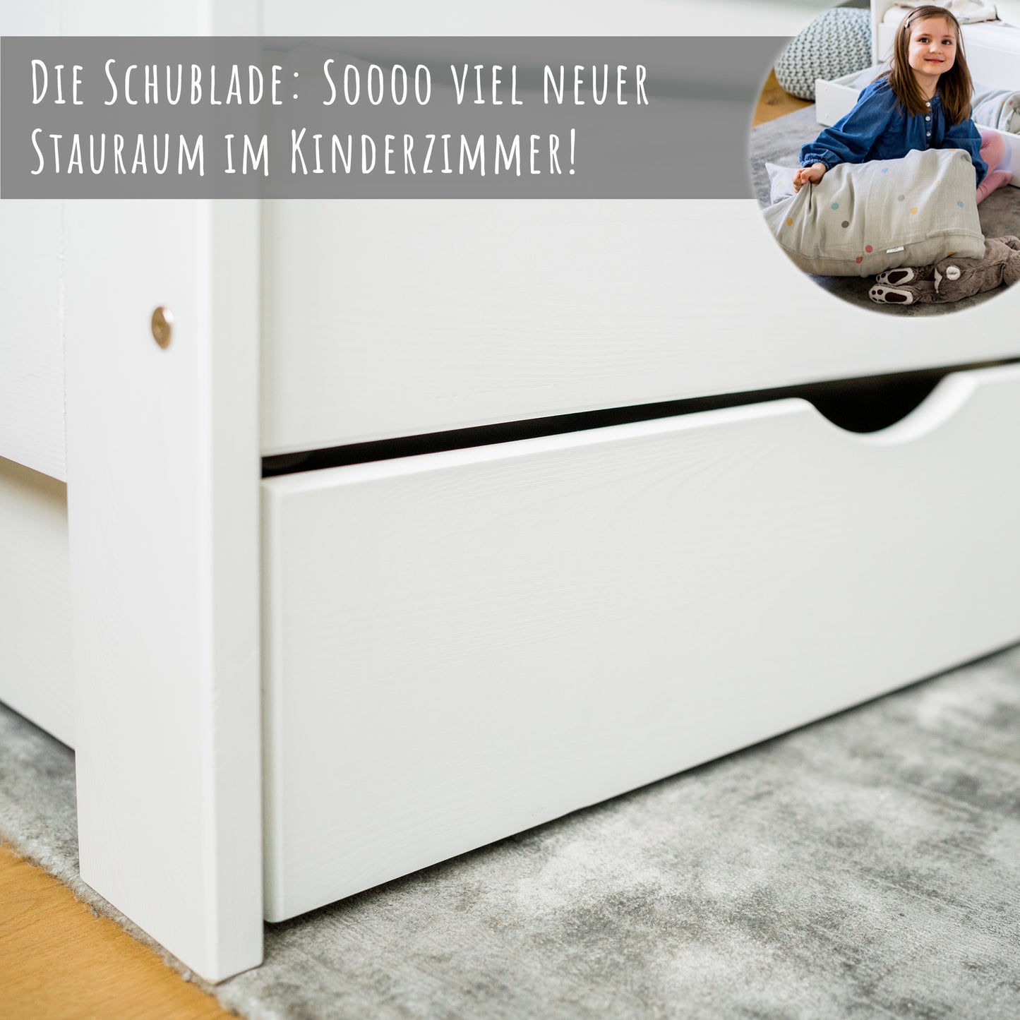 Kinderbett Jugendbett 80x160 | 90x200 cm mit Rausfallschutz | Voll-Holz mit Matratze (optional) Lattenrost & Schublade in weiß Kiefer | Mädchen Jungen Bett skandinavisch