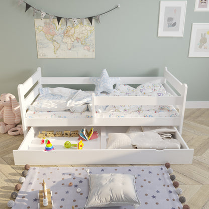 Lit enfant lit jeune 80x160 | 90x200 cm avec protection antichute | Bois massif avec matelas (en option) sommier à lattes &amp; tiroir en pin blanc | Lit fille garçon scandinave