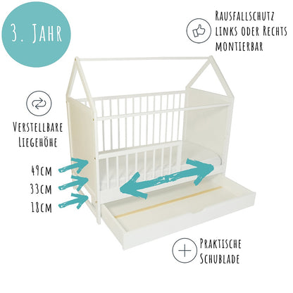 Babybett Beistellbett Kinderbett und Hausbett in einem - 120x60 cm weiß mit Schublade und Matratze (optional), höhenverstellbar und umbaubar