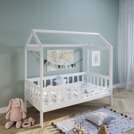 Lit cabane lit enfant lit enfant 90x200 cm avec matelas (en option) avec protection antichute et sommier à lattes blanc 200 x 90 pour filles et garçons