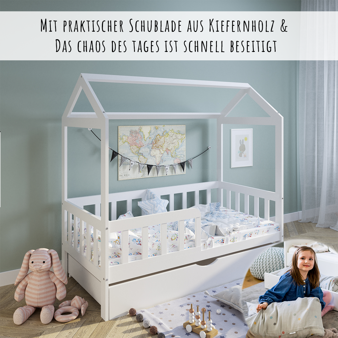 Hausbett Kinderbett Jugendbett 90x200 cm mit Matratze (optional) mit Rausfallschutz & Lattenrost weiß 200 x 90 für Mädchen und Jungen