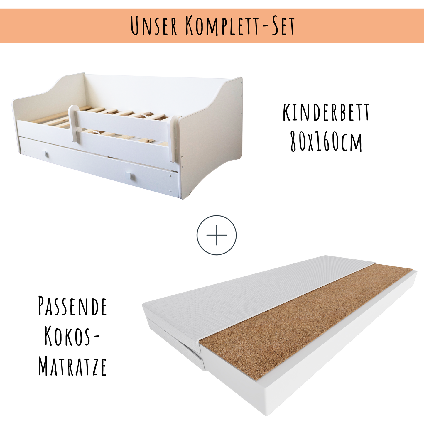 Kinderbett Jugendbett 80x160 | 80x180 cm mit Matratze, Schublade & Rausfallschutz mit punktelastischer Matratze mit Kokos-Naturfaser