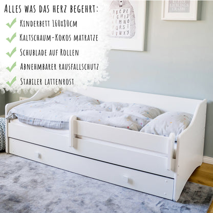 Lit enfant lit jeune 80x160 | 80x180 cm avec matelas, tiroir et protection antichute avec matelas à élastiques ponctuels en fibre de coco naturelle