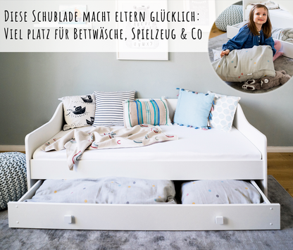 Kinderbett Jugendbett 80x160 | 80x180 cm mit Matratze, Schublade & Rausfallschutz mit punktelastischer Matratze mit Kokos-Naturfaser