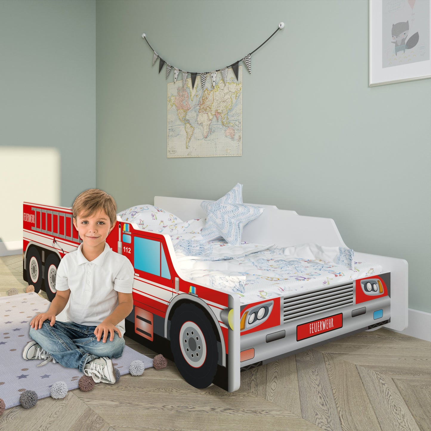 Autobett Kinderbett Jugendbett 70x140 | 80x160 cm mit Rausfallschutz und Matratze (optional) Feuerwehr Kinder Spielbett