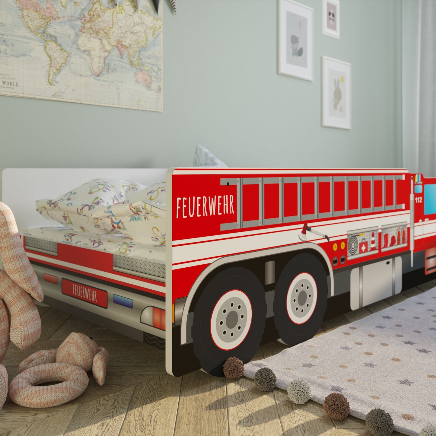 Lit de voiture lit d'enfant lit d'adolescent 70x140 | 80x160 cm avec protection antichute et matelas (en option) lit de jeu pour enfants pompiers