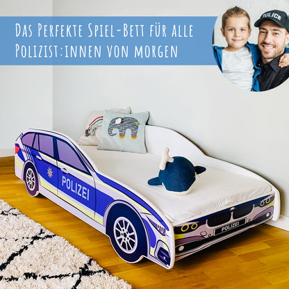 Autobett Kinderbett Jugendbett 70x140 | 80x160 cm mit Rausfallschutz und Matratze (optional) | Polizei