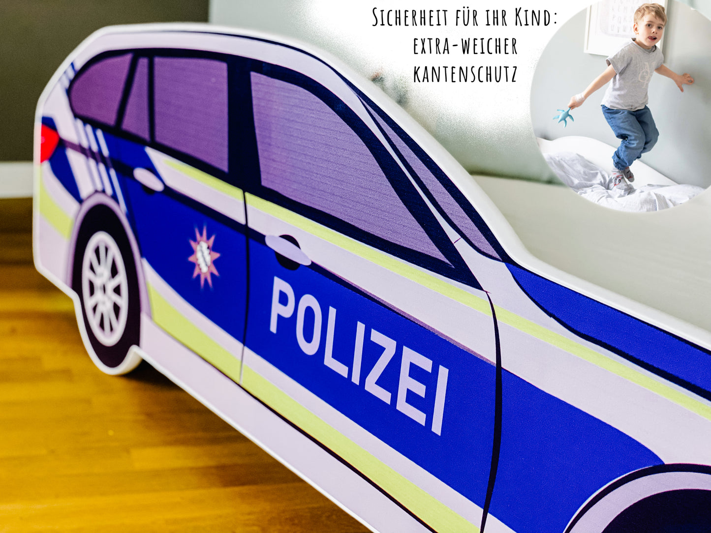 Autobett Kinderbett Jugendbett 70x140 | 80x160 cm mit Rausfallschutz und Matratze (optional) | Polizei