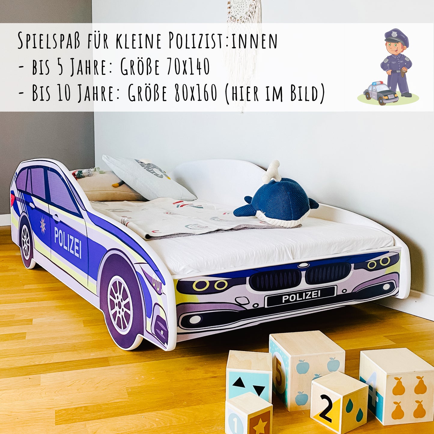 Autobett Kinderbett Jugendbett 70x140 | 80x160 cm mit Rausfallschutz und Matratze (optional) | Polizei