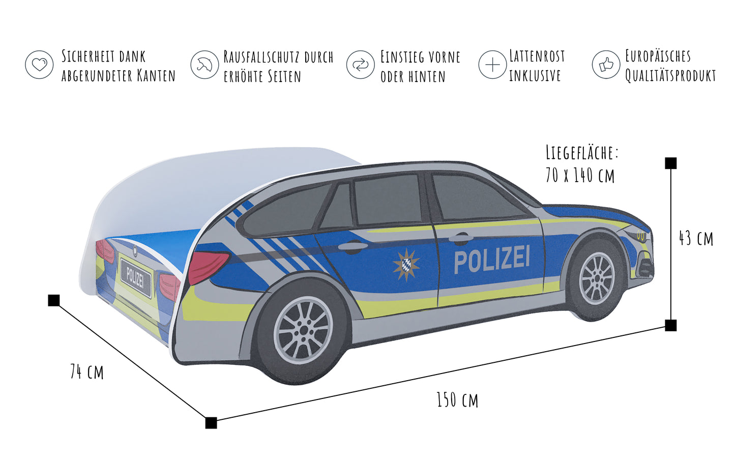 Lit voiture lit enfant lit jeune 70x140 | 80x160 cm avec protection antichute et matelas (en option) | police