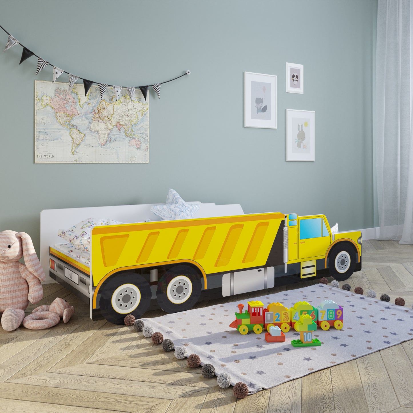 Lit de voiture lit d'enfant lit d'adolescent chantier en 70x140 | 80x160 cm avec protection antichute et matelas (en option) | Chantier de construction de lit de jeu pour enfants