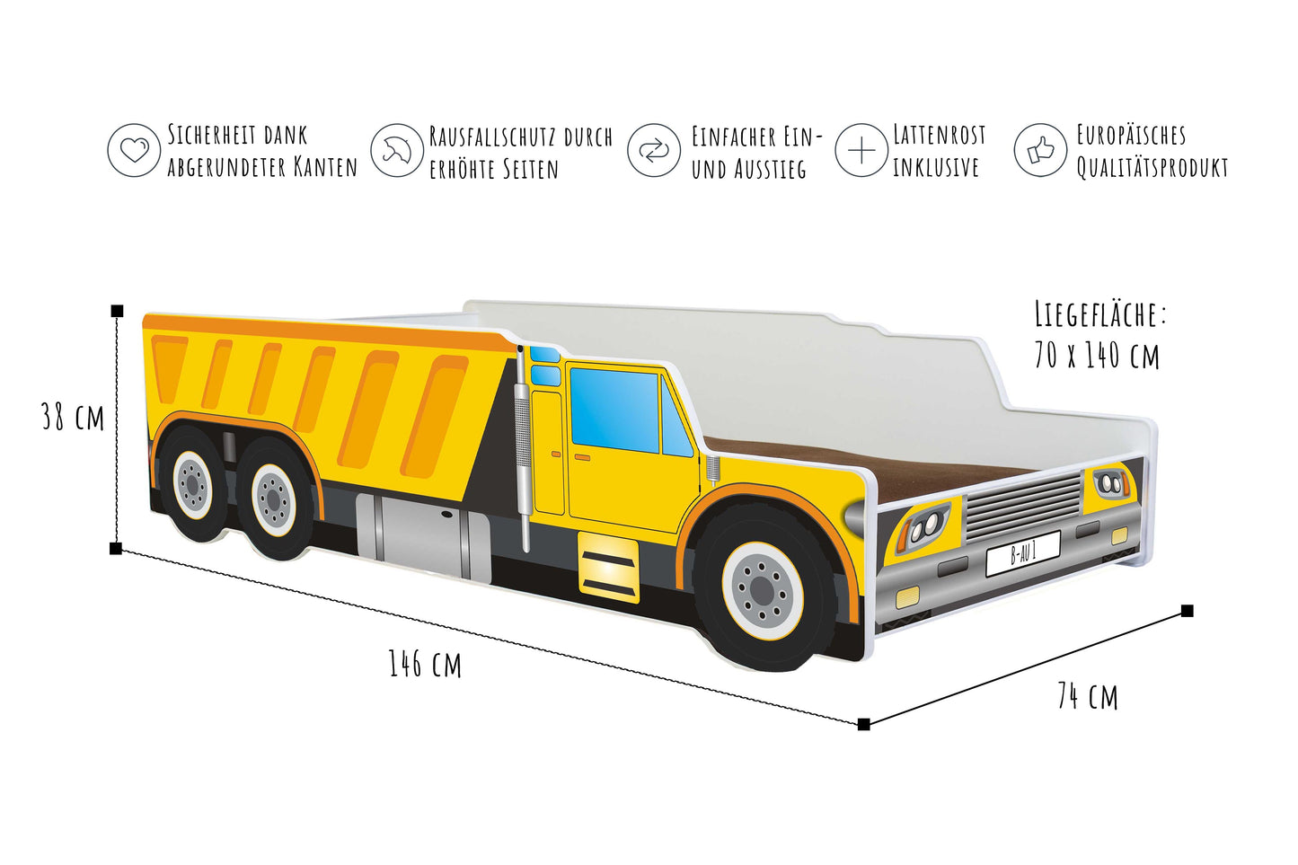 Lit de voiture lit d'enfant lit d'adolescent chantier en 70x140 | 80x160 cm avec protection antichute et matelas (en option) | Chantier de construction de lit de jeu pour enfants