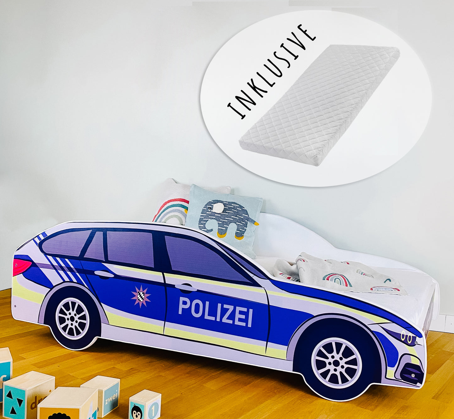 Lit voiture lit enfant lit jeune 70x140 | 80x160 cm avec protection antichute et matelas (en option) | police