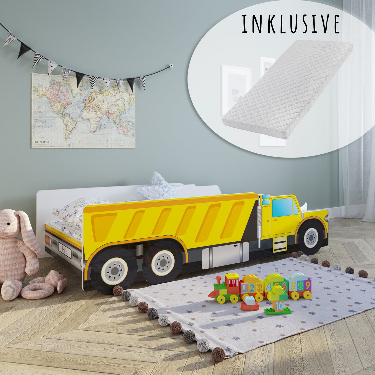 Autobett Kinderbett Jugendbett Baustelle in 70x140 | 80x160 cm mit Rausfallschutz und Matratze (optional) | Kinder Spielbett Baustelle