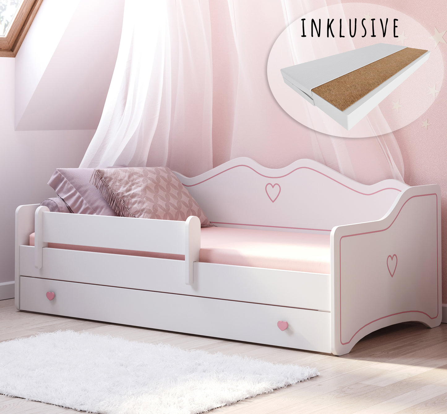 Lit enfant lit jeune fille 80x160 | 80x180 cm avec matelas antichute et tiroir | Canapé enfant princesse convertible en lit rose ou gris blanc