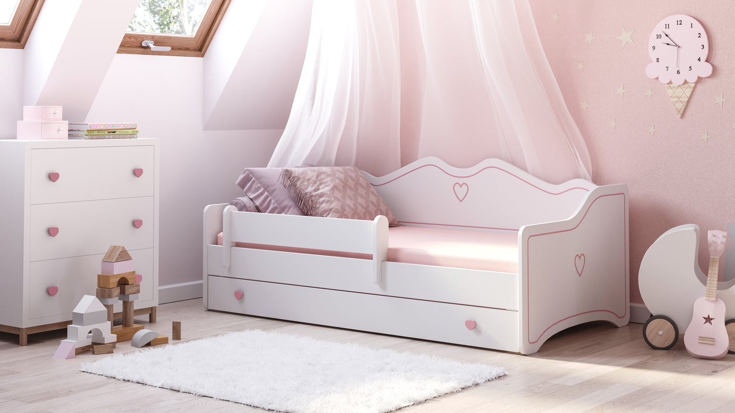 Kinderbett Mädchen Jugendbett 80x160 | 80x180 cm mit Matratze Rausfallschutz & Schublade | Prinzessin Kinder Sofa Couch Bett umbaubar rosa oder grau weiß