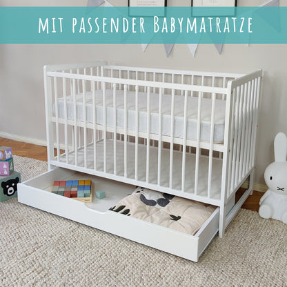 Babybett mit Schublade (optional) Kinderbett Gitterbett 60x120 höhenverstellbar & herausnehmbare Sprossen mit Matratze (optional) | weiss sehr stabil Made in Europe