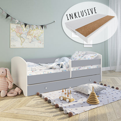 Lit enfant 70x140 | 80x160 cm avec matelas et tiroir, protection antichute &amp; sommier à lattes en blanc et avec motifs (pompiers, police, princesse, dinosaure...) pour garçons et filles