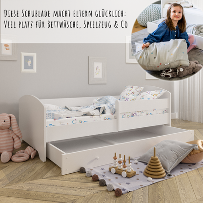 Lit enfant 70x140 | 80x160 cm avec matelas et tiroir, protection antichute &amp; sommier à lattes en blanc et avec motifs (pompiers, police, princesse, dinosaure...) pour garçons et filles