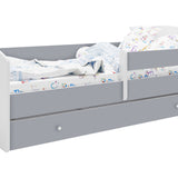 Lit enfant 70x140 | 80x160 cm avec matelas et tiroir, protection antichute &amp; sommier à lattes en blanc et avec motifs (pompiers, police, princesse, dinosaure...) pour garçons et filles